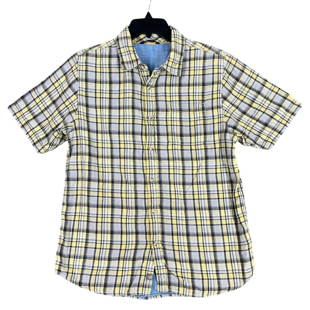 North‎ Face Shirt Mens Large Yellow Plaid Button-Up Lined Short sleeved Casual